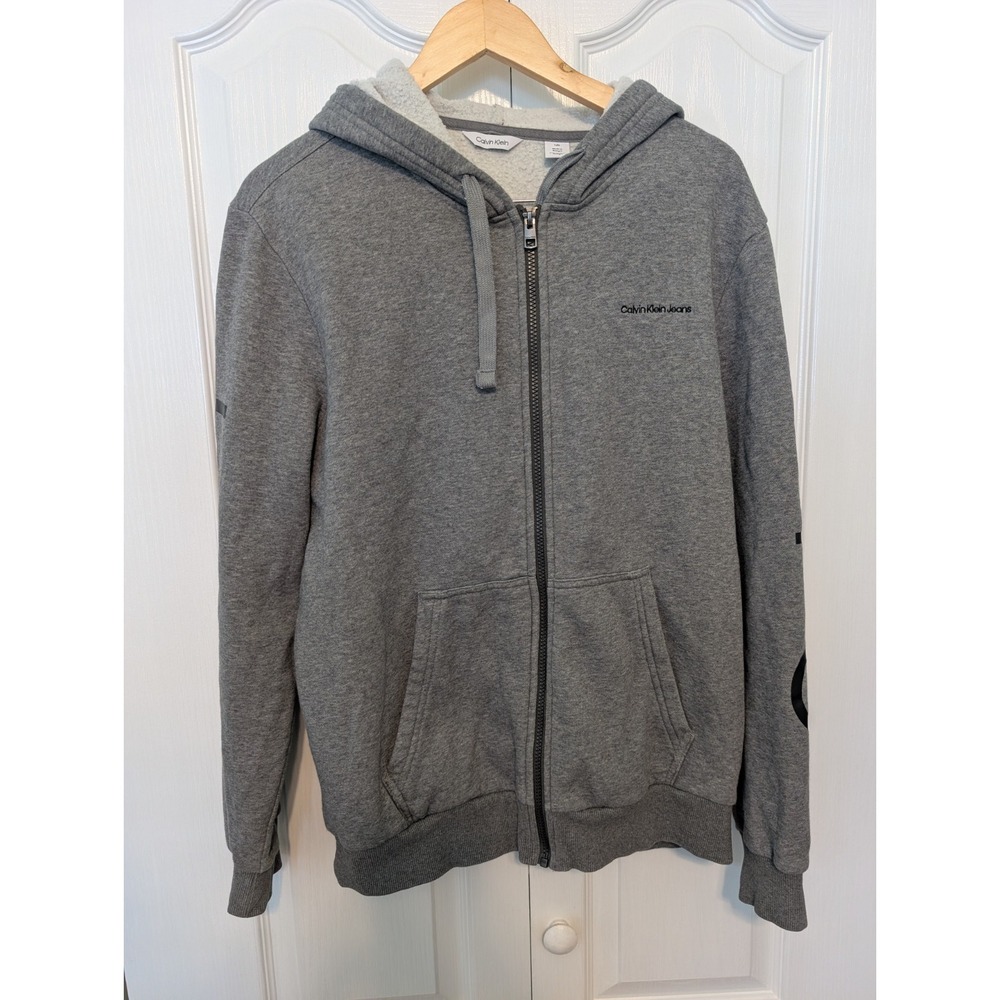 Calvin Klein Mens Jacket Large Gray Full Zip Logo Pockets Hooded
